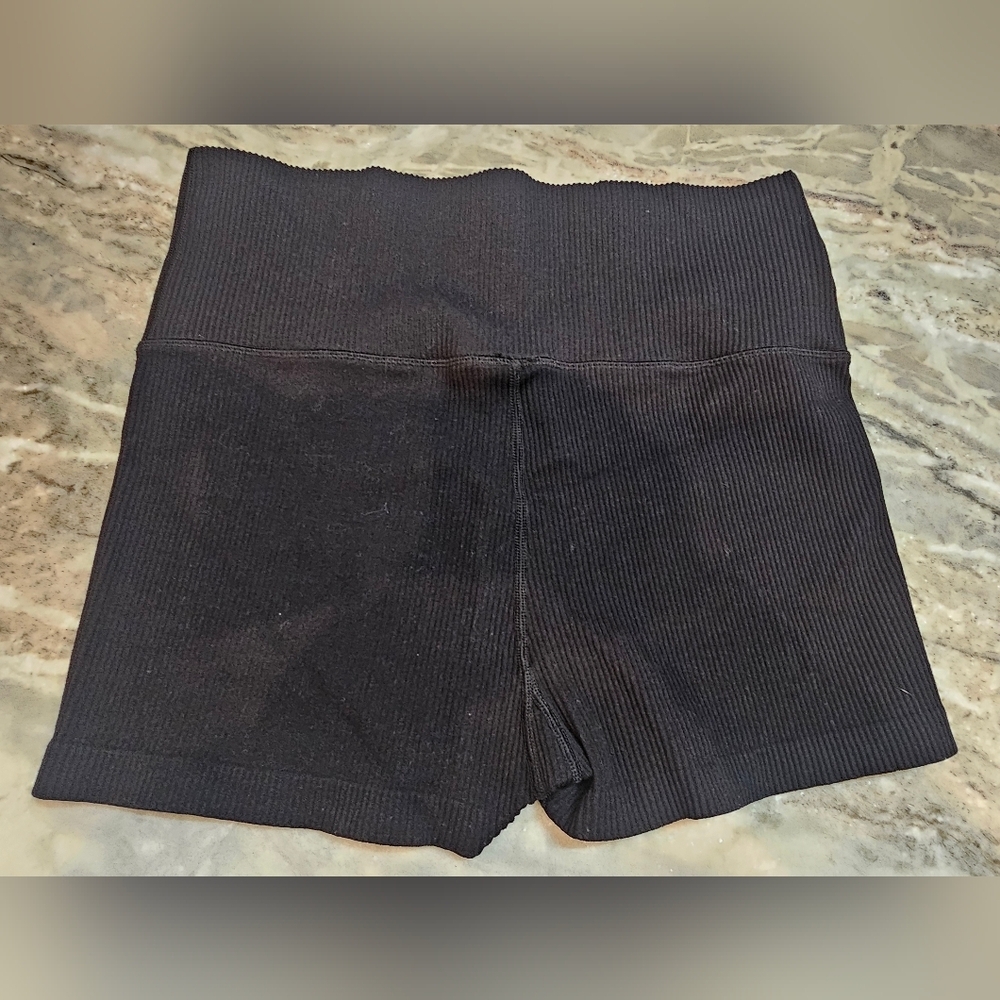 High-Waisted Black Ribbed Shapewear Shorts  Seamless Tummy Control Compression M - Picture 3 of 6